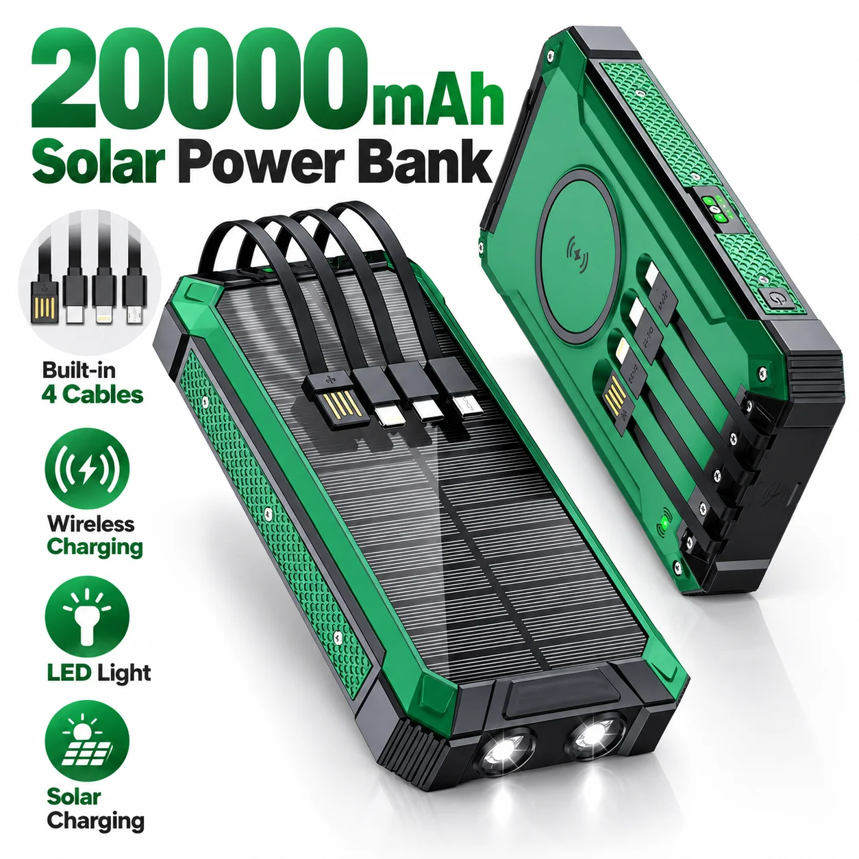 20000mAh Solar Power Bank 4 Built-in Cables Wireless Charging LED Flashlight Waterproof Portable Charger for Phone
