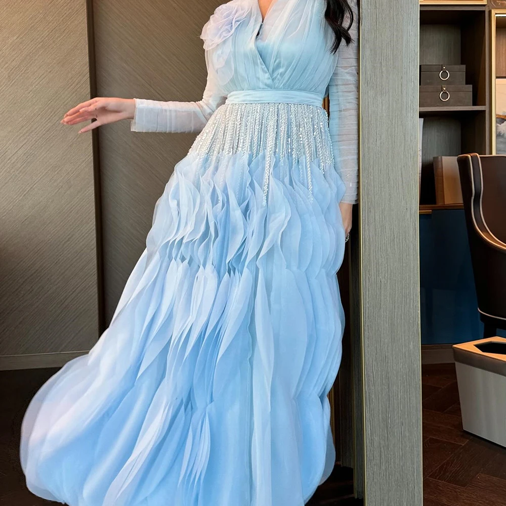 

Exquisite Organza A-Line 3D Flowers Crystal Evening Dress High Quality Long Sleeves Floor Length V-Neck vestidos de fiesta