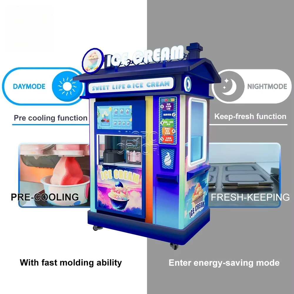 روبوت بيع الآيس كريم ذاتي الخدمة التجارية في الهواء الطلق، آلة تقديم ناعمة تعمل بقطع النقود المعدنية الأوتوماتيكية بالكامل للاستخدام التجاري