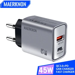 45W GaN Quick Charger 3.0 PD USB Fast Charging Mobile Phone Adapter For iPhone 15 Xiaomi Samsung Huawei Wall Charger Adapter