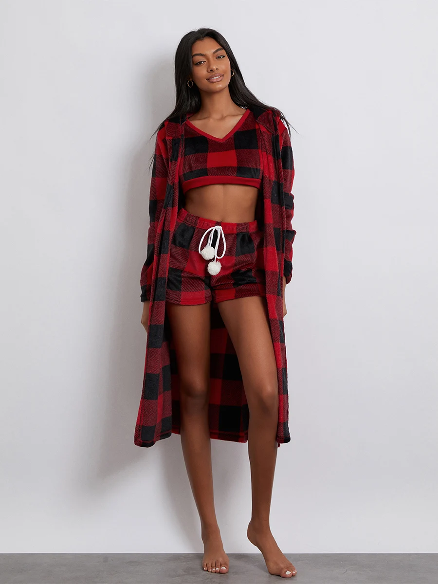 wsevypo Fall Winter Plaids 3 Piece Pajamas Sets Women’s Warm Loungewear Sleeveless Straps Crop Tank Tops+Shorts+Long Sleeve Robe