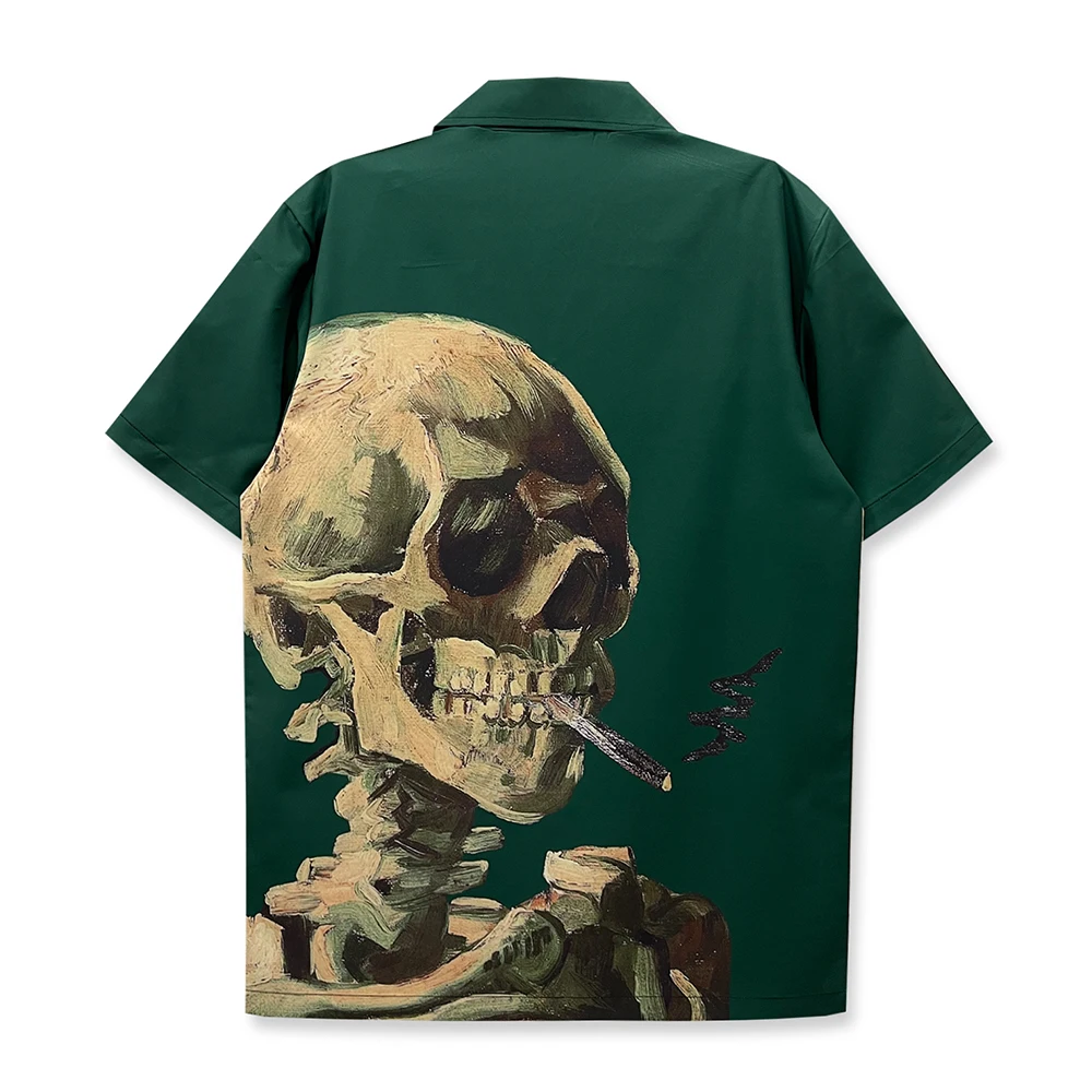 Dark Icon Skeleton Green Shirts Men Cuba Collar Retro Shirt Short Sleeve