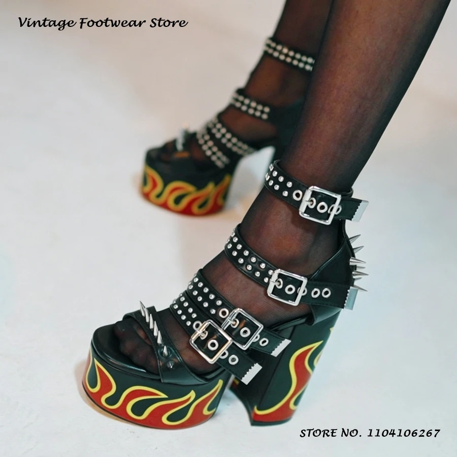 

Flame Platform Rivet Sandals Punk Round Open Toe Chunky Heel Plus Size Shoes Women's Casual Street Style Belt Buckle High Heels