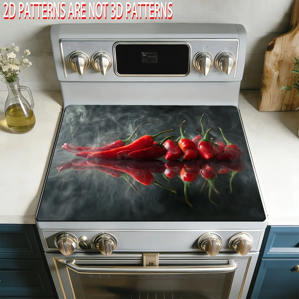 Realistic Red Chili Pepper Reflection Stove Top Cover, Non‑Slip Heat Resistant Mat,Easy Clean Stove Decor for Electric Gas Stove