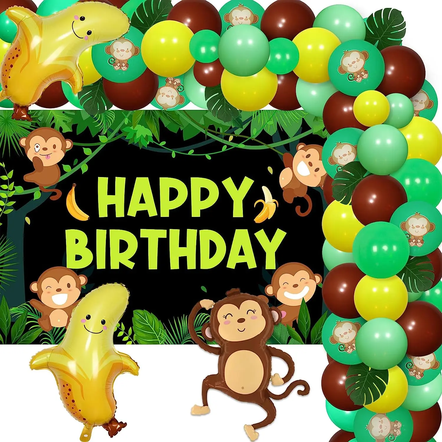 

Monkey Birthday Party Decorations Monkey Balloon Garland Arch Kit with Backdrop Monkey Banana Foil Balloons Artificial Leaves