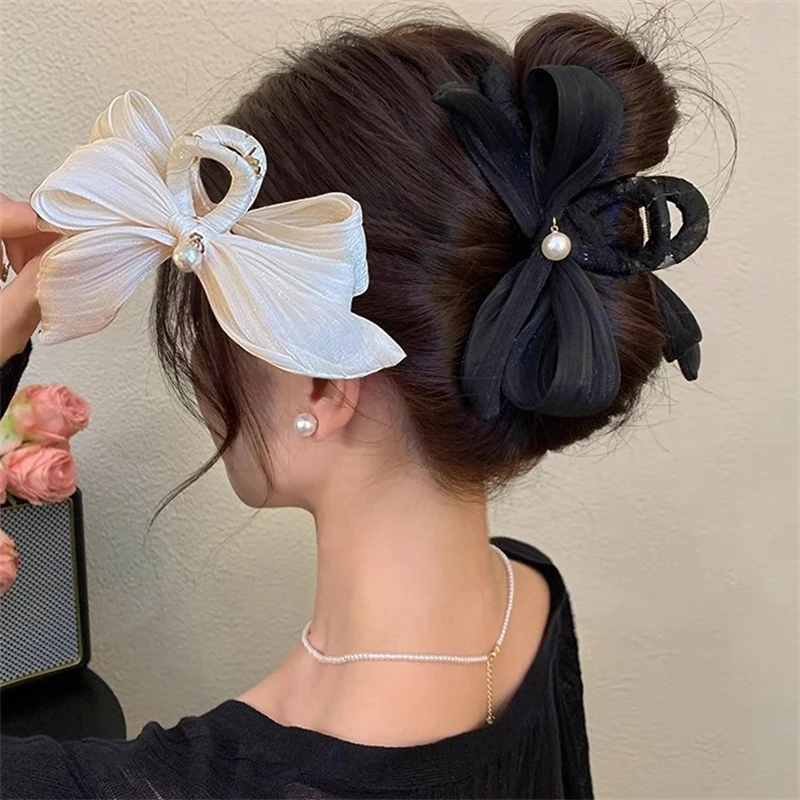 Nowy Vintage czarny biała kokardka spinki do włosów kobiet duża moda koreańska kokardka spinki do włosów krab kucyki akcesoria damskie