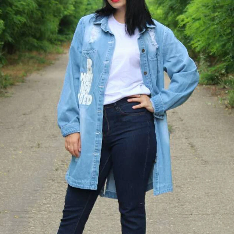Long Denim Jacket Hole for Women Oversize Coat Casual Loose Jeans, Female Outwear, Windbreaker Autumn Coat Letter Plus Size 2025