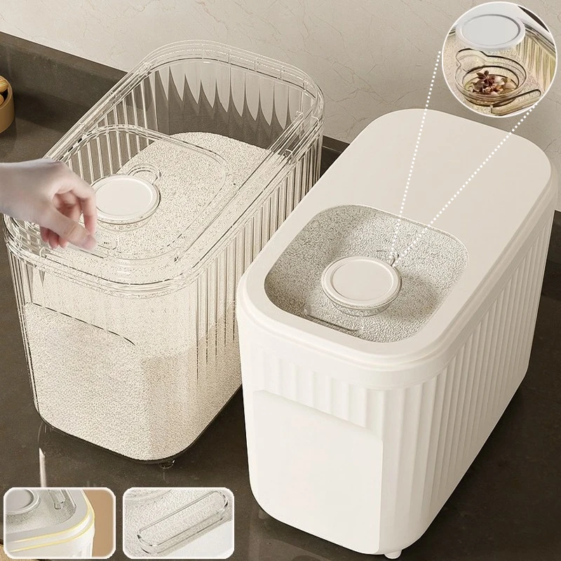 2026 New Household Food Grade Rice Bucket with Sliding Cover Sealed Moisture Proof Grain Storage Container with Measuring Cup 쌀통