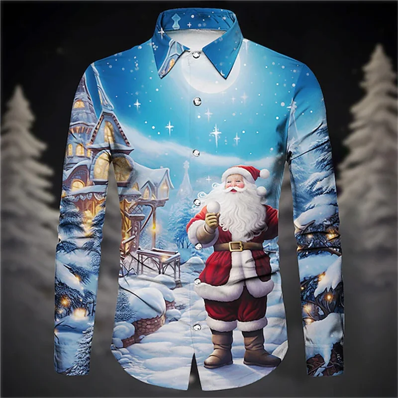 Christmas men's Santa Claus print shirt daily wear for going out autumn and winter lapel long sleeve navy blue, blue, sky blue