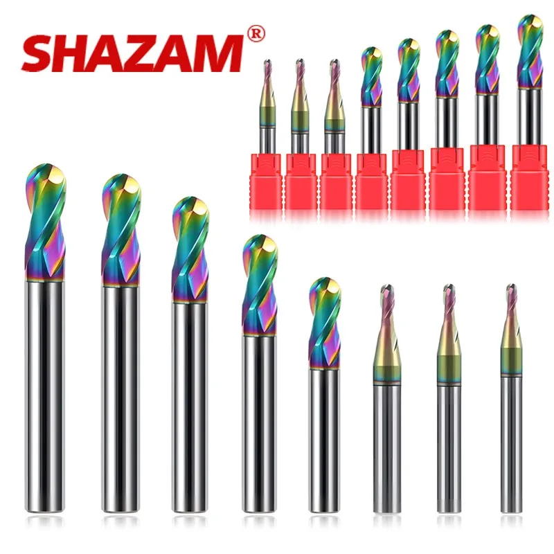 

SHAZAM R0.5-R6.0mm 11-Piece-Set Tungsten Steel Ball Nose Milling Cutter HRC55 2-Flute Colorful Coating CNC Machining Tools