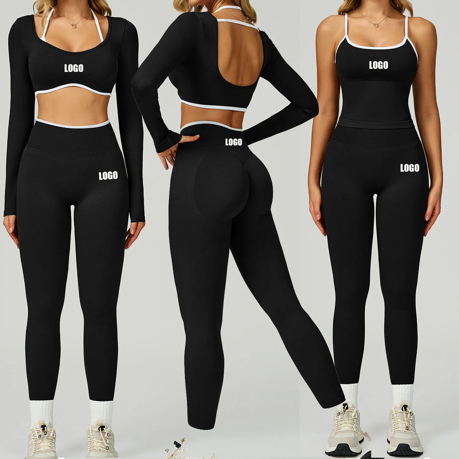 Logotipo personalizado feminino sem costura cor contraste yoga oco volta cintura alta terno de fitness ao ar livre correndo esportes conjunto de duas peças