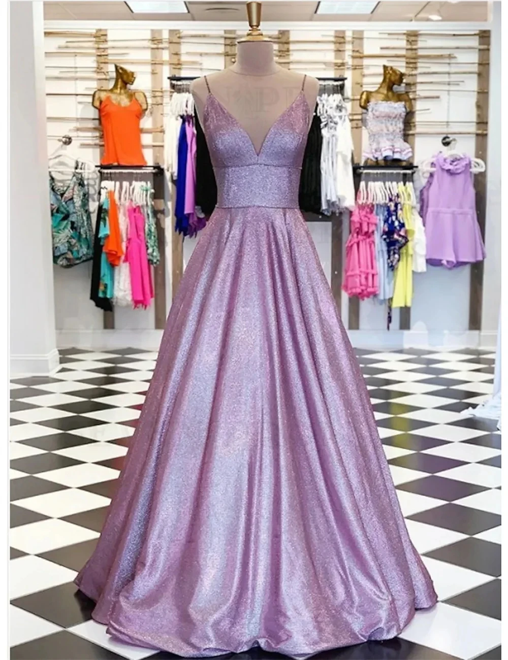 

Classic A-Line Prom Dresses Minimalist Elegant Lavender Party Dress V-Neck Sleeveless Floor Length Taffeta with Pleats Sequins