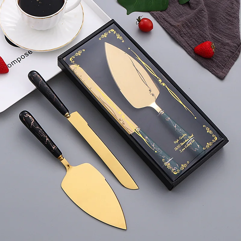 2Pcs Set Gold Stainless Steel Wedding Cake Knife Cut Shovel Cutlery Server Bakery Pizza Butter Tool Ceramic Handle With Gift Box