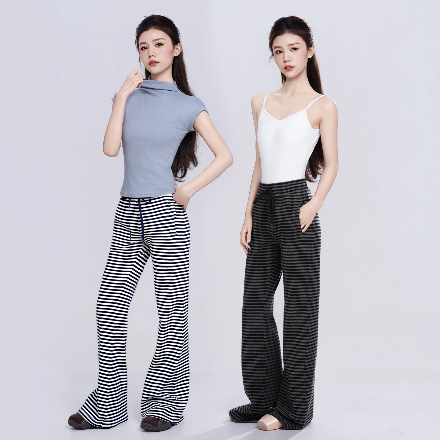 

Women Dance Knitted Striped Trousers High-waisted Flared Pants Bell-bottom Pants Classical Dancing Practice Lace-up Pants