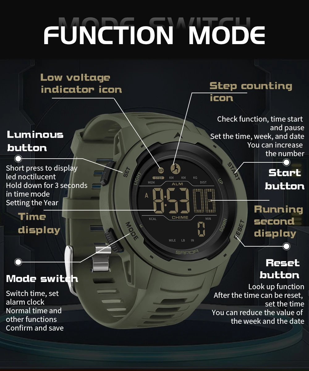 SANDA Brand Men Watches Sports Passometer Calories 50M Waterproof LED Digital Watch Military Wristwatch Relogio Masculino 2145