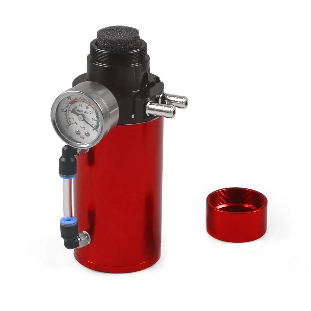 Aluminum Engine Oil Catch Tank Reservoir Breather Can + Vacuum Gauge + Hose Blue/Red/Silver/Black