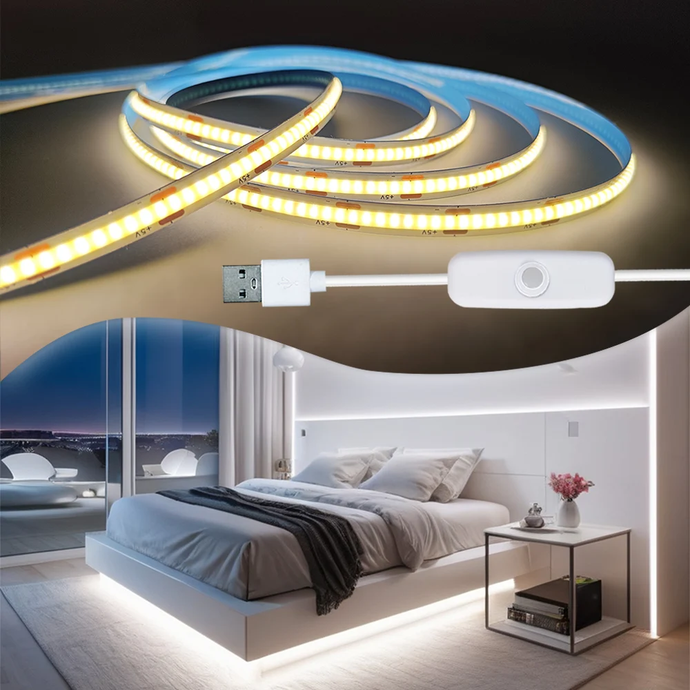 Push Button Warm White Switch COB LED Strip Light, USB Port Energised, Suitable for Bedroom, Cabinet, etc.