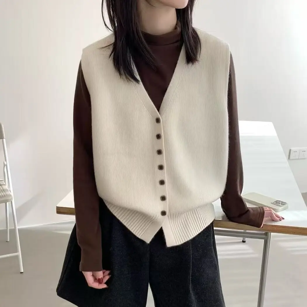Korean Style Simple  Color V-Neck Single Button Knitted Vest Autumn Winter New Fashion Personality Matchable Layering Wo...