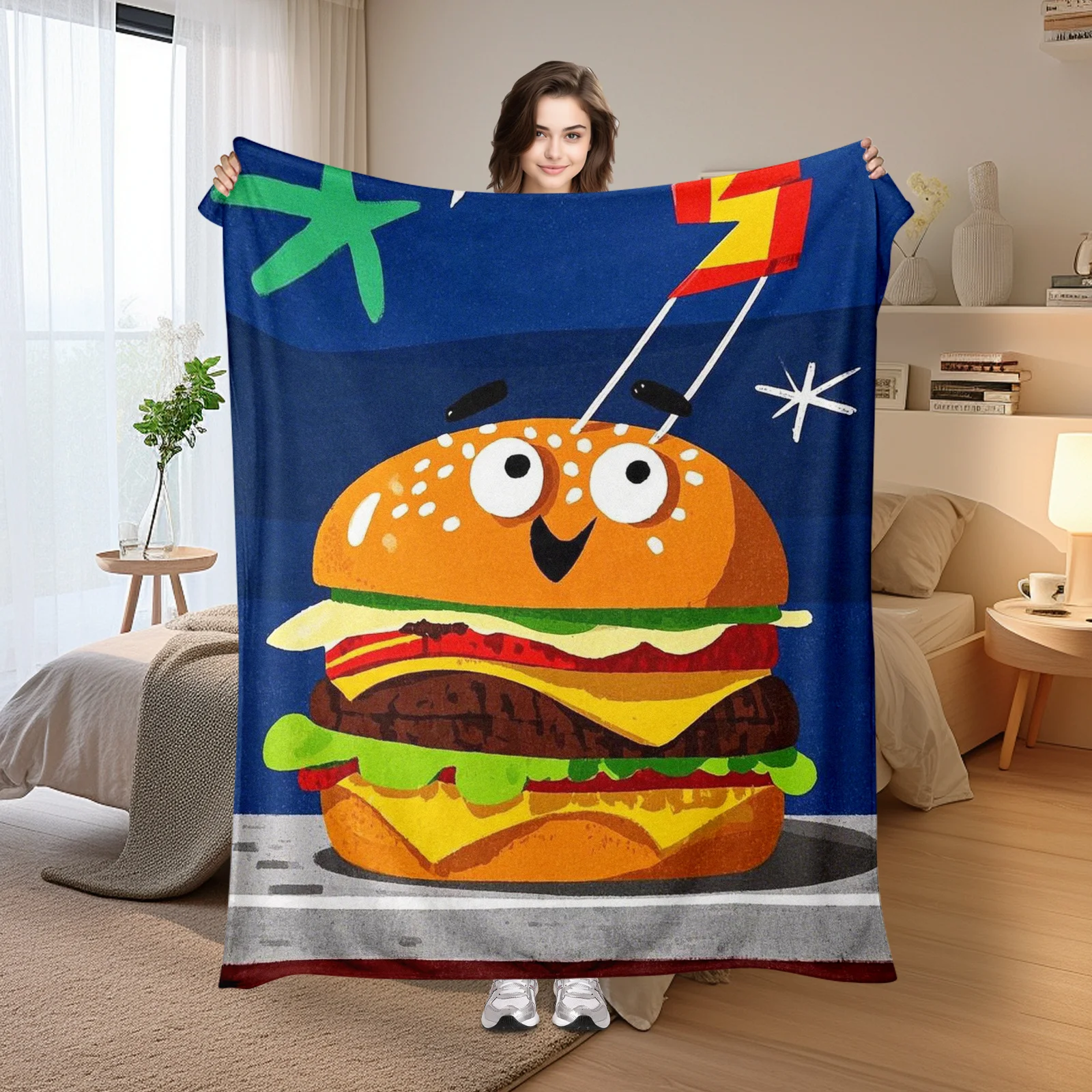 Hamburger Star Personified Blue Blanket For Stylish Warmth And Creative Design Ideal For Home Use Or Outdoor Adventures