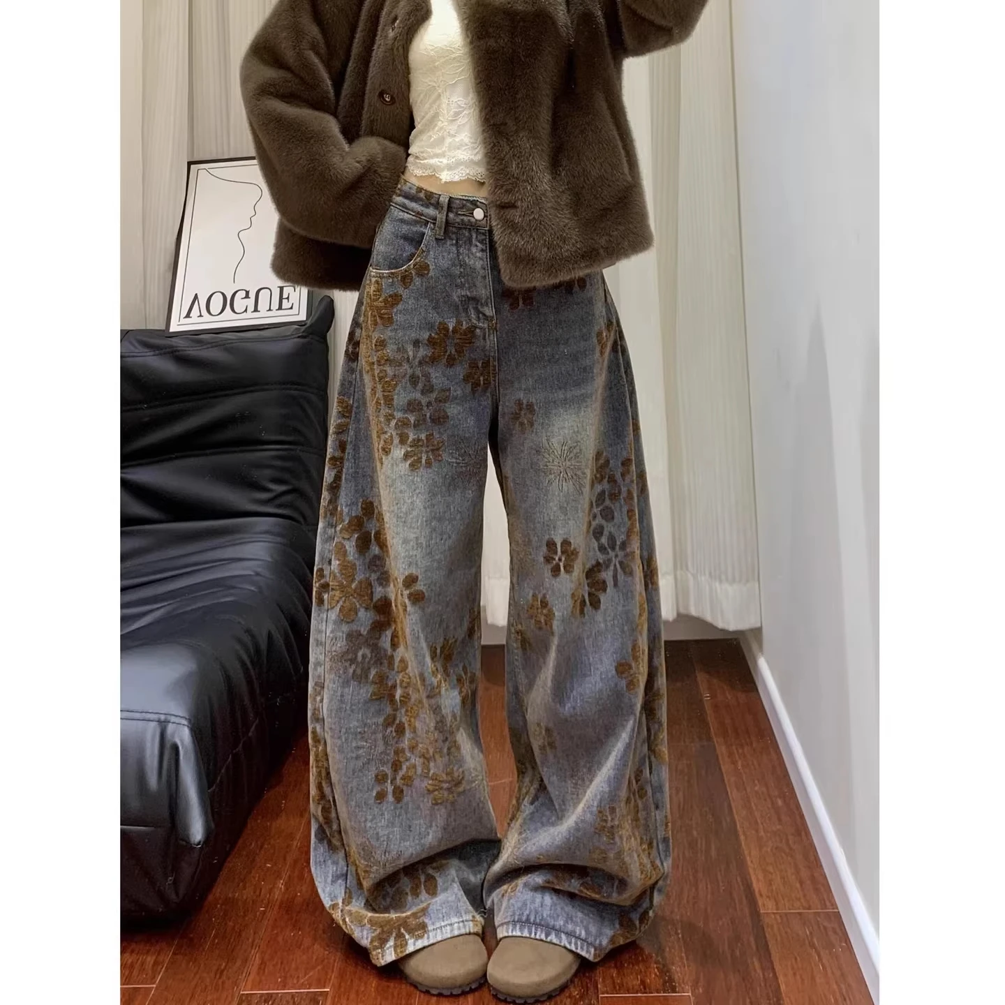 

Ladies Retro American Floral Embroidery Wide Leg Jeans Spring New Loose Slimming Straight Tube Pants Couples Style Floor-Length