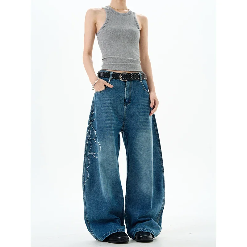 المرأة خمر الأزرق التطريز فضفاض الجينز الأمريكية الرجعية Harajuku 90s Y2k طباعة سراويل جينز اليابانية 2000s 90s السراويل