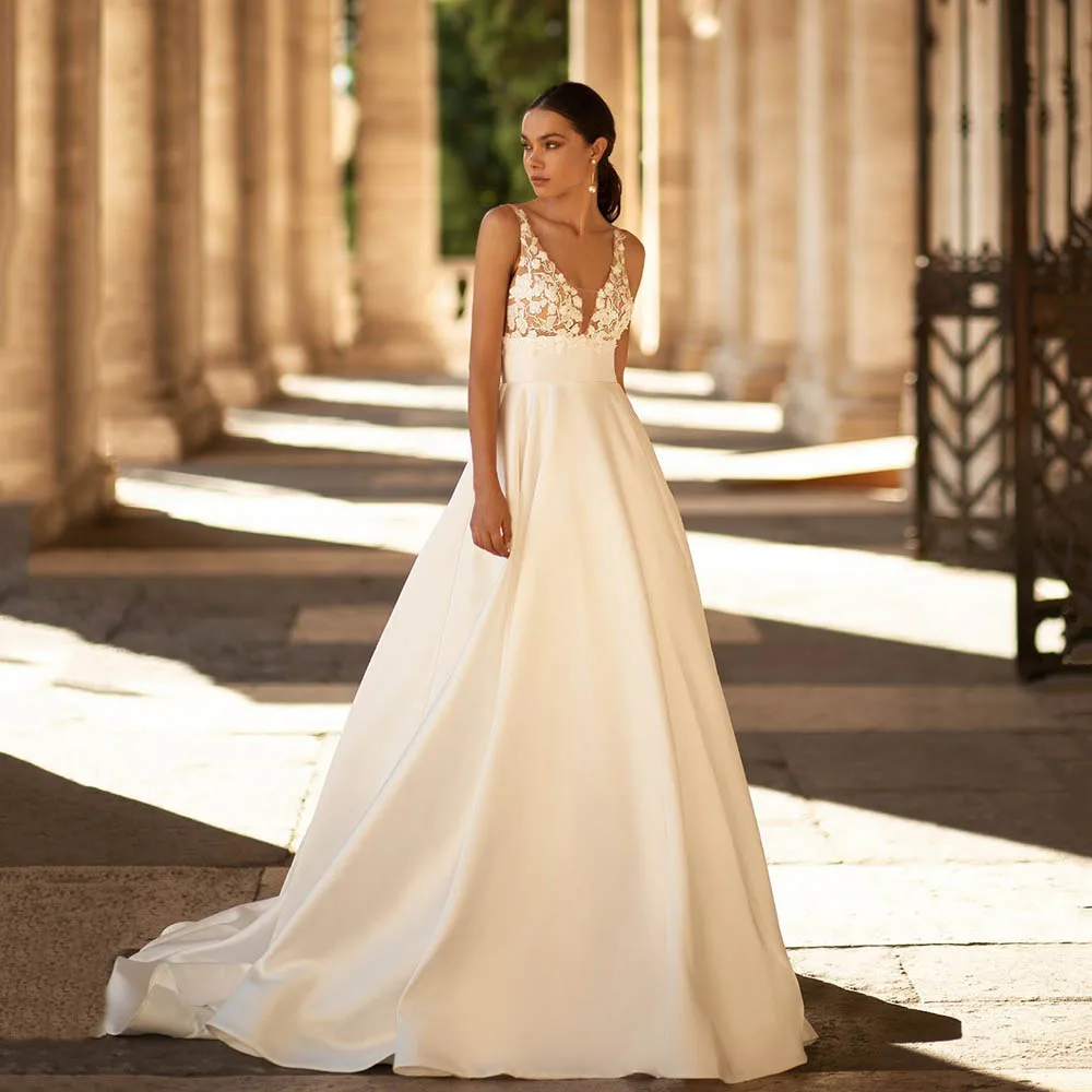 

Lace Satin Wedding Dresses 2025 Customized Sexy Backless V-Neck A-Line Women Bridal Dresses Customized Vestidos de Novia