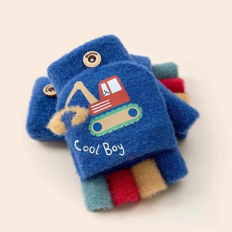 

Half Finger Flip Gloves Boy Warm Plush Gloves Cute Cartoon Excavator Pattern Winter Gloves For Bbies Aged 3-12