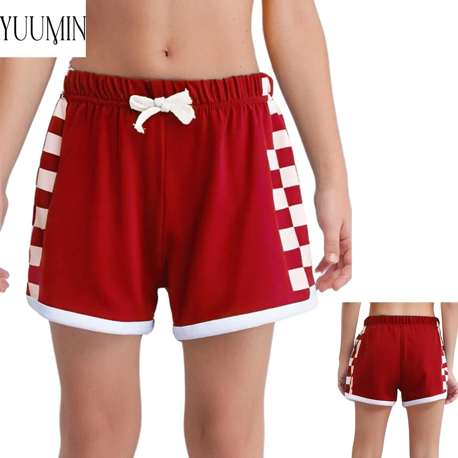 

Kids Girls Bowknot Elastic Waistband Contrast Color Plaid Sports Shorts for Cycling Yoga Running Workout Exercise Outdoor Wear