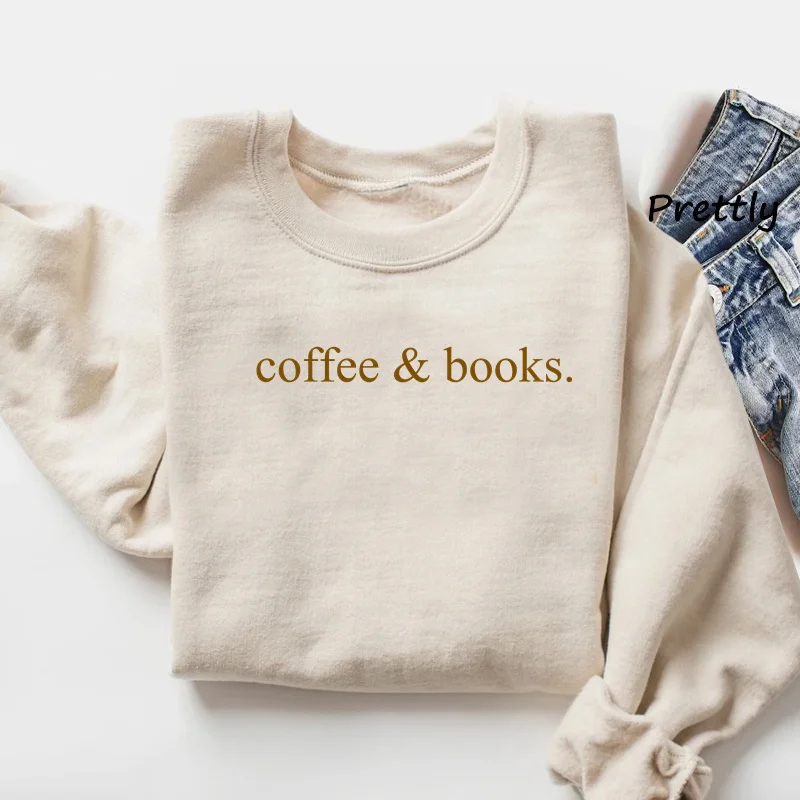 Coffee & Books Sweatshirt Women Ladies Cute Books Lover Graphic Sweatshirts Books Club Lover Hoodies Elementary Teacher Clothes