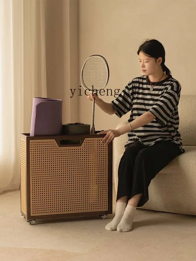 V8  fitness equipment storage basket black walnut rattan badminton storage rack basket with wheels