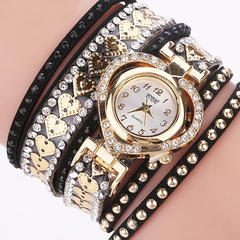 Luxury Women Heart Dial Shiny Design Quality Women Quartz Watch Fashion Rhinestone Bracelet Wrap Strap Women Watch Gifts