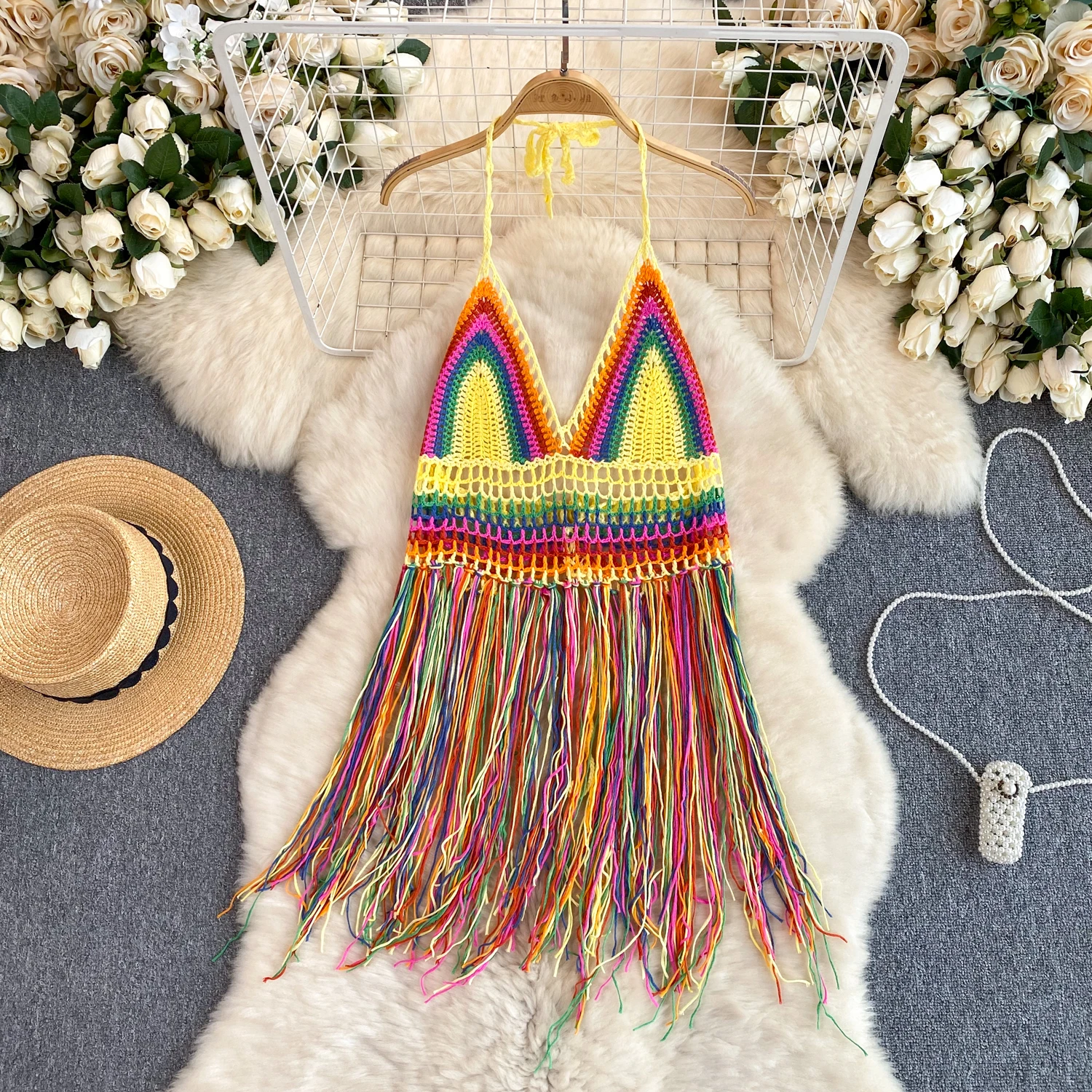 Summer Bohemian Vacation Halter Camisole For Women Sleeveless Backless Sexy Hollow Out Tassel Tops Hook Flower V-Neck Vest