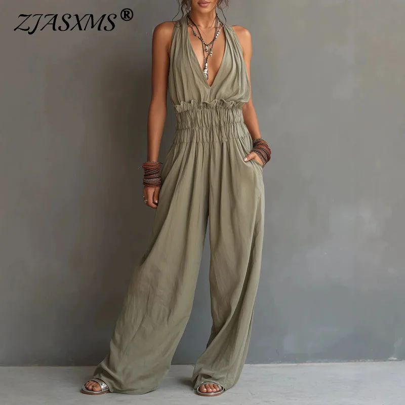 

Women's Halter Jumpsuits Deep V-Neck Wrinkled Waist Wide Leg Pants Romper Casual Beach Vacation Loose Bohemian One-Piece Outfits