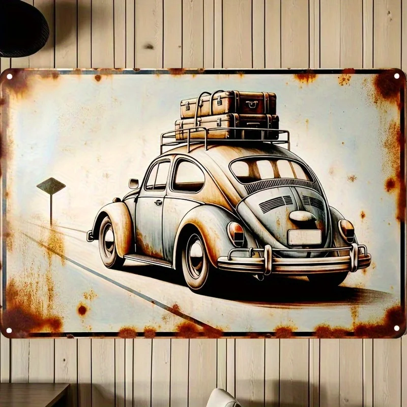 Vintage Car Metal Wall Art Sign -  Retro Iron Plaque with Luggage Stack Design, Rustic Home Decor for Garage, Bar, Cafe, or Rest