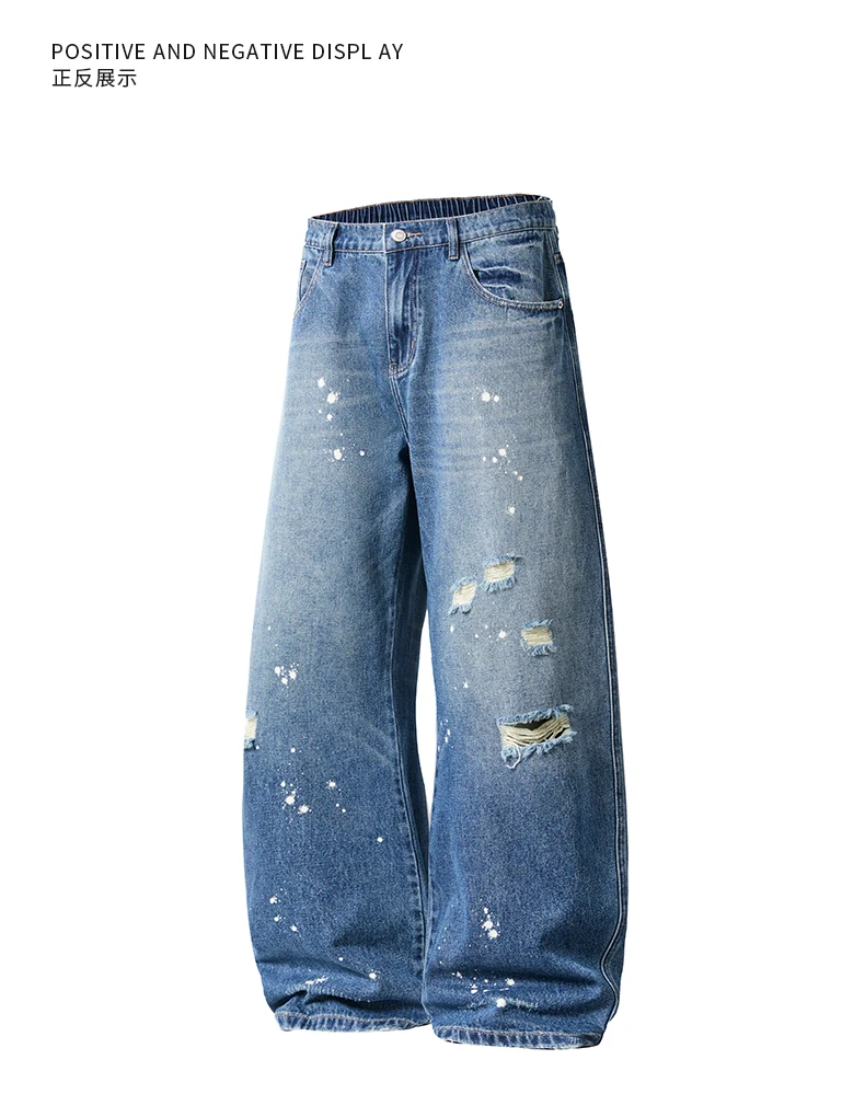 2026 Men American Y2K Street Curved Baggy Jeans Ripped Splatter Paint Vintage Washed Wide Leg Denim Pants M‑5XL Plus Size
