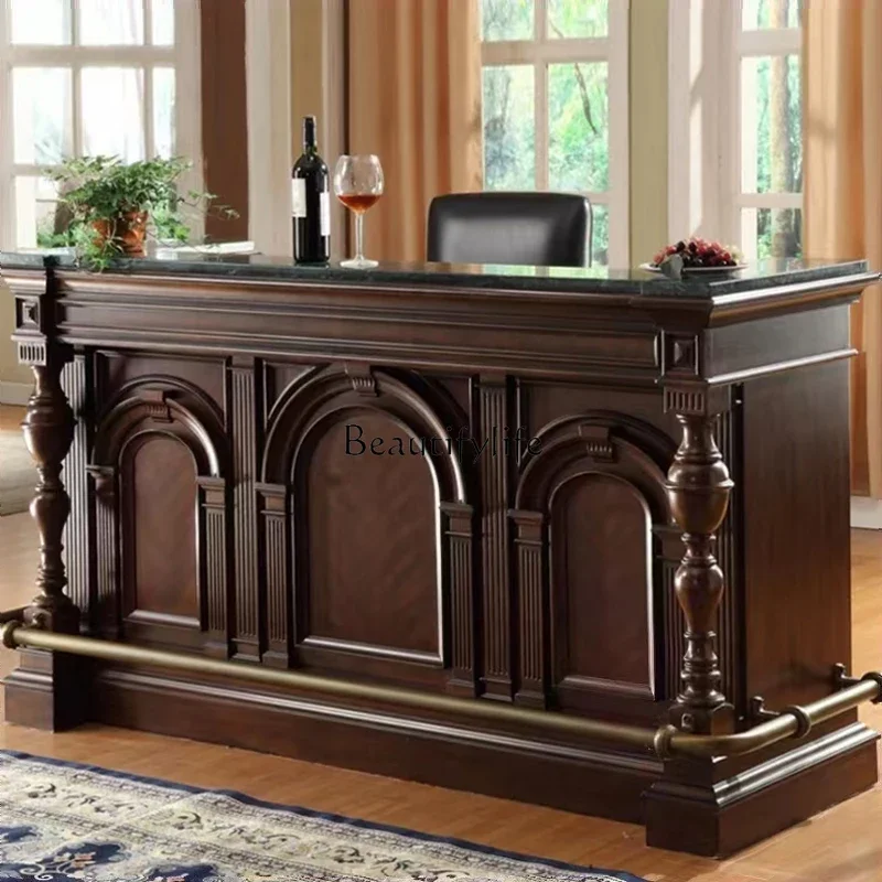

01-*American retro all-solid wood bar cabinet household marble surface European partition wine cabinet
