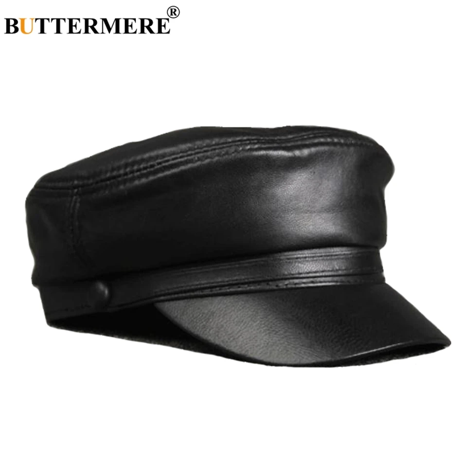 BUTTERMERE Leather Military Caps For Men Black Casual Flat Caps Army Women Genuine Leather Vintage Autumn Winter Military Hats