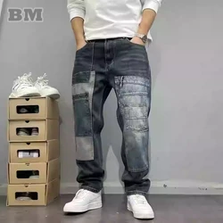 Patchwork Straight Leg Jeans Plus Size Multi Pocket Japanese Streetwear High Quality Trendy Skater Fit Denim Trousers 2025 New