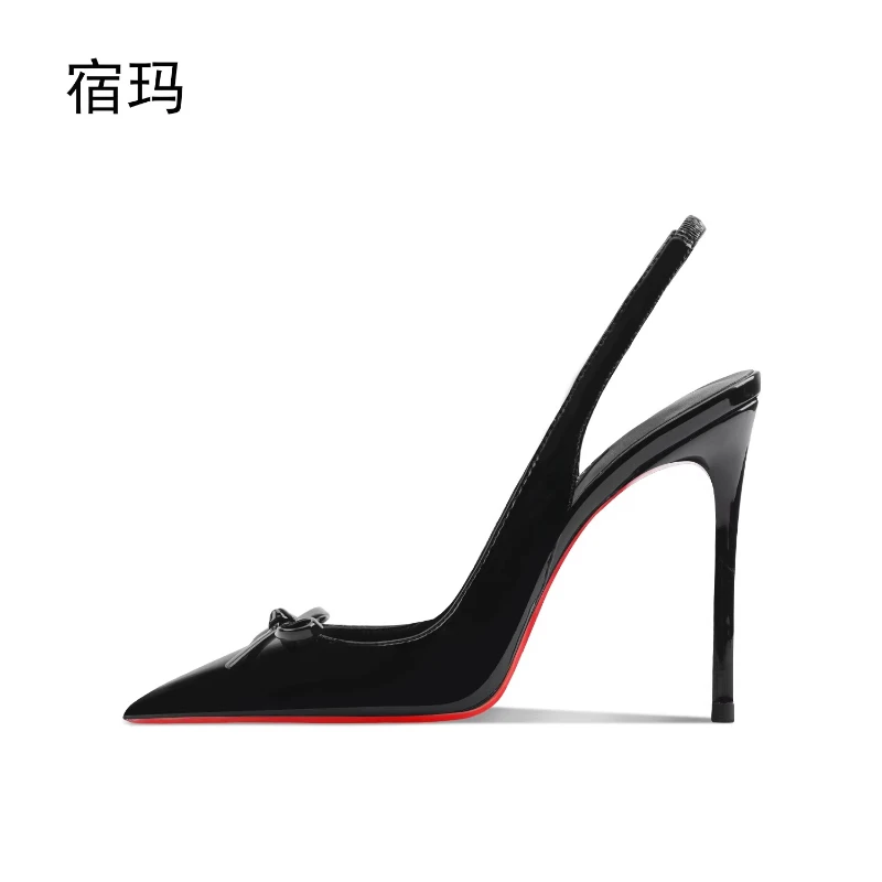 Lacquer leather bow high-heeled sandals for spring 2025 with pointed, thin heels and shallow mouth, comfortable single shoe