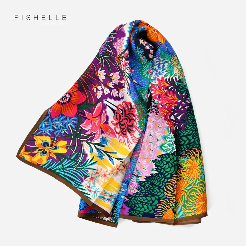 colorful 100% natural silk scarf women printed flower luxury real silk satin 90cm square hijab scarves ladies spring summer