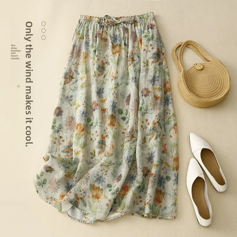 New Japanese Sle Double Layer Floral Cotton Linen Midi Skirt Women Summer Fairy T Trendy High Waist A-Line Skirt