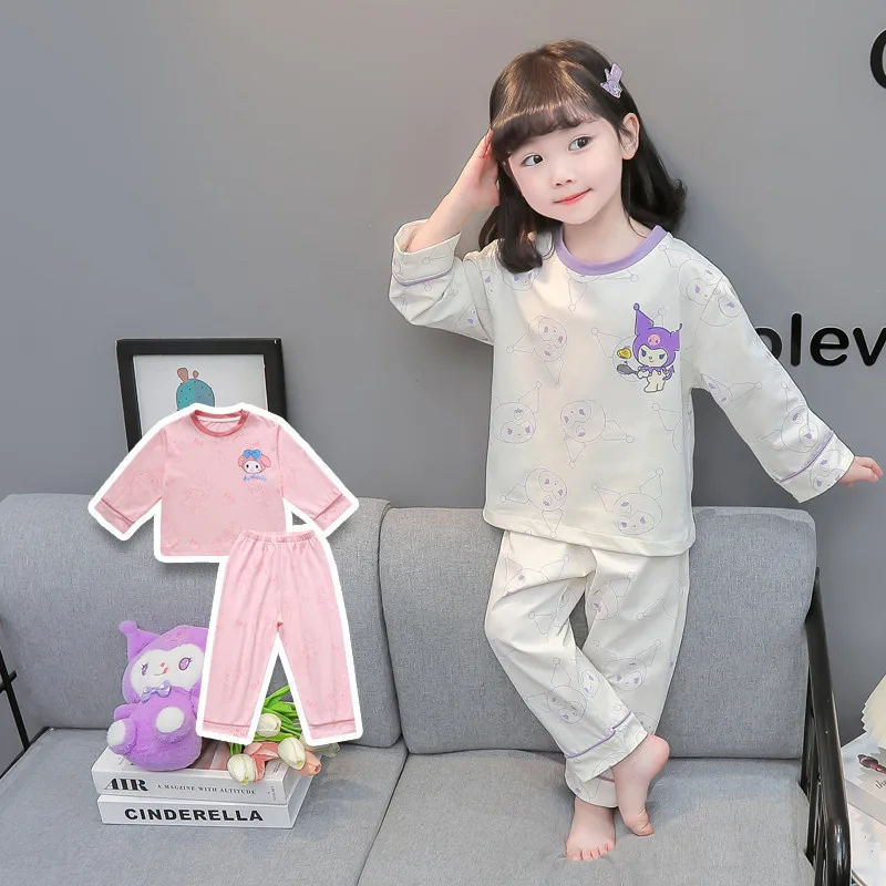 Kuromi Delong Pajamas Autumn Winter Sanrios Anime New My Melody Girl Child Cute Lounge Clothes Suit Kawaii Cartoon Two Piece Set