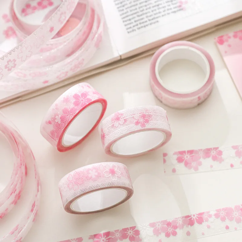 1 Roll Cute Creative Flash Sand PET Tape Spring Sakura Floral Pattern DIY Scrapbooking Journaling Decorative Collage Supplies