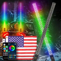 2PCS 3FT Fat LED Whip Lights Remote Control Flagpole Antenna Whips For UTV ATV Off Road Truck Sand Buggy Dune RZR