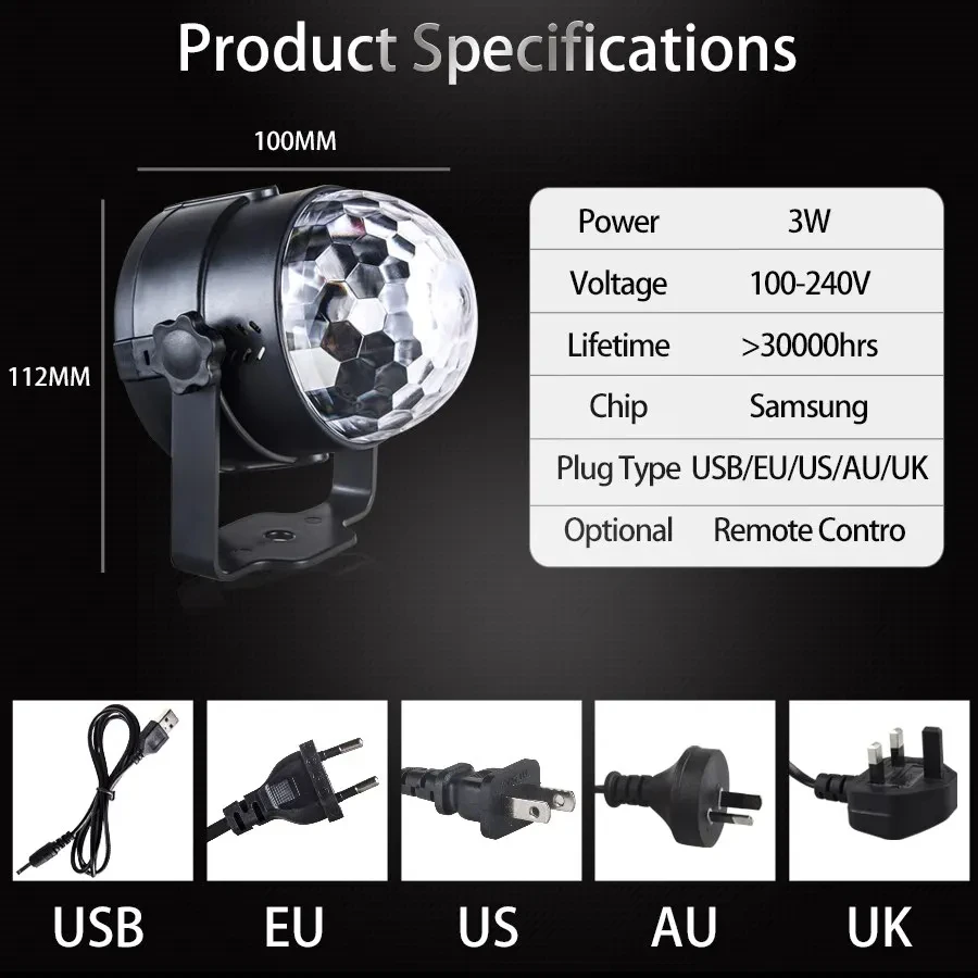 RGB LED 디스코 야간 조명 스트로브 램프, 홈 파티 클럽 바 댄스 크리스마스 선물 무대 조명 효과, 사운드 활성화 EU USB