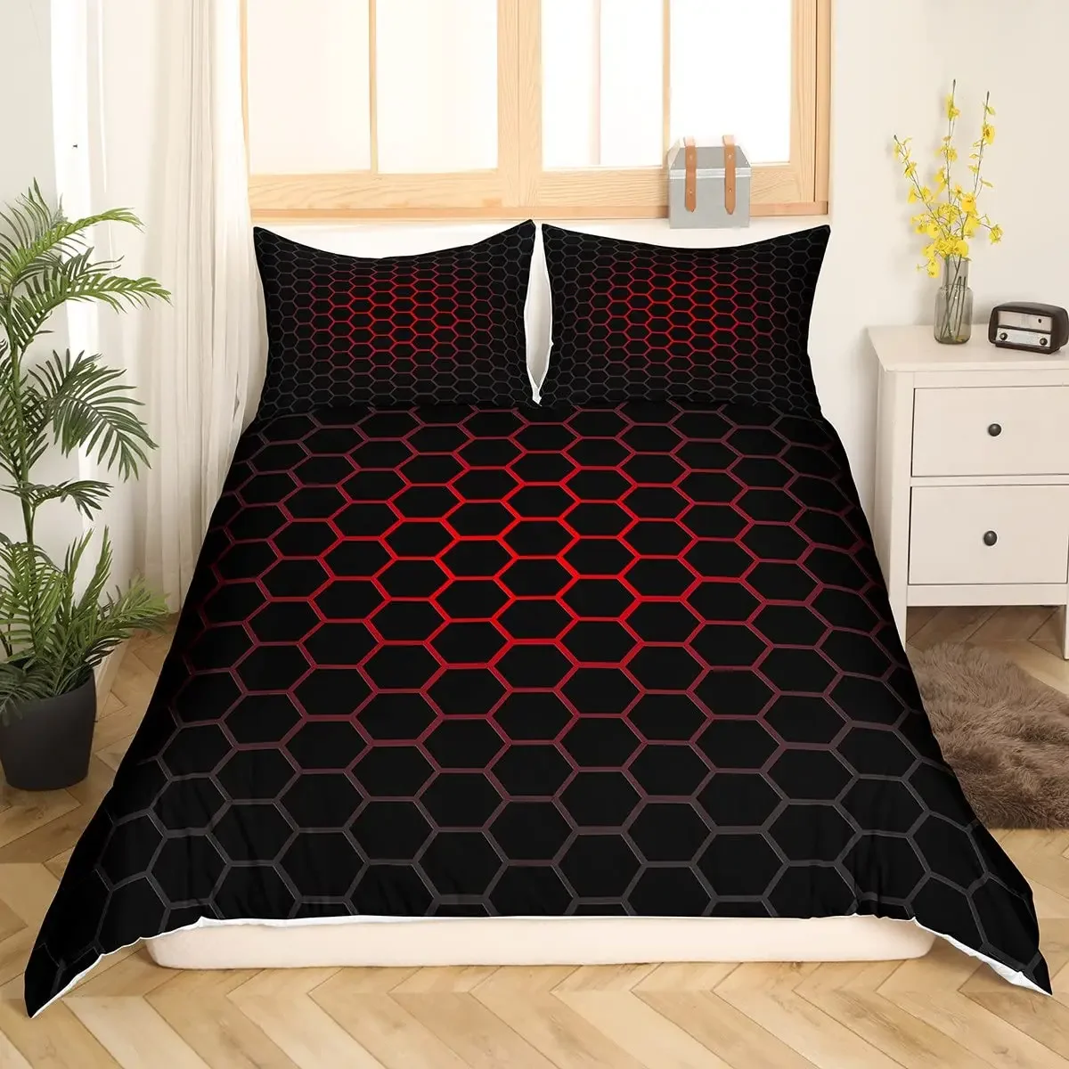 Black Glowing Polygonal Grid Comforter Cover Bedding Set 3pcs Kids Boys Girls Soft Polyester Duvet Cover 265x228 240x220 230x230