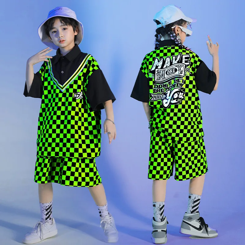 Kid Kpop Hip Hop Clothing Green Checkered Lapel Oversized T Shirt Top Summer Shorts for Girl Boy Jazz Dance Costume Clothes Set