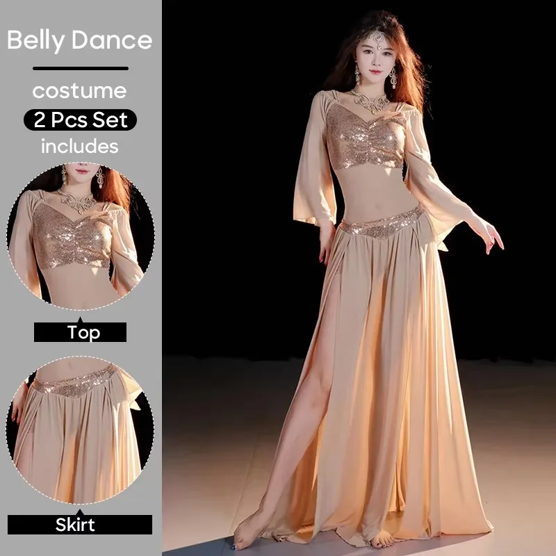 Women Belly Dance Performance Suit Top & Skirt 2 PCS Set for Adult Stage Performance Costume Outfit
