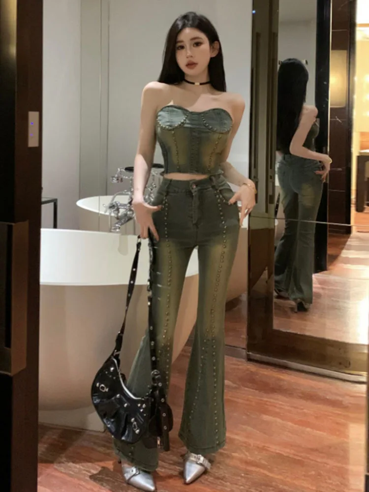 Retro Spicy Girl Cowboy Set Women's Rivet Decoration Strapless Slim Fit Top+High Waist Micro Flared Denim Pants Two-Piece Sets