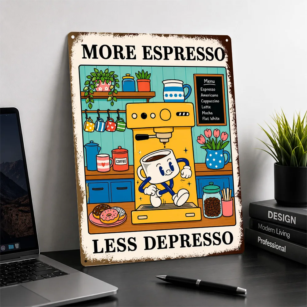 More Espresso Less Depresso Coffee Illustration Printed Poster Personalized Aluminum Metal Sign Whimsical Wall Art Fits Cafes